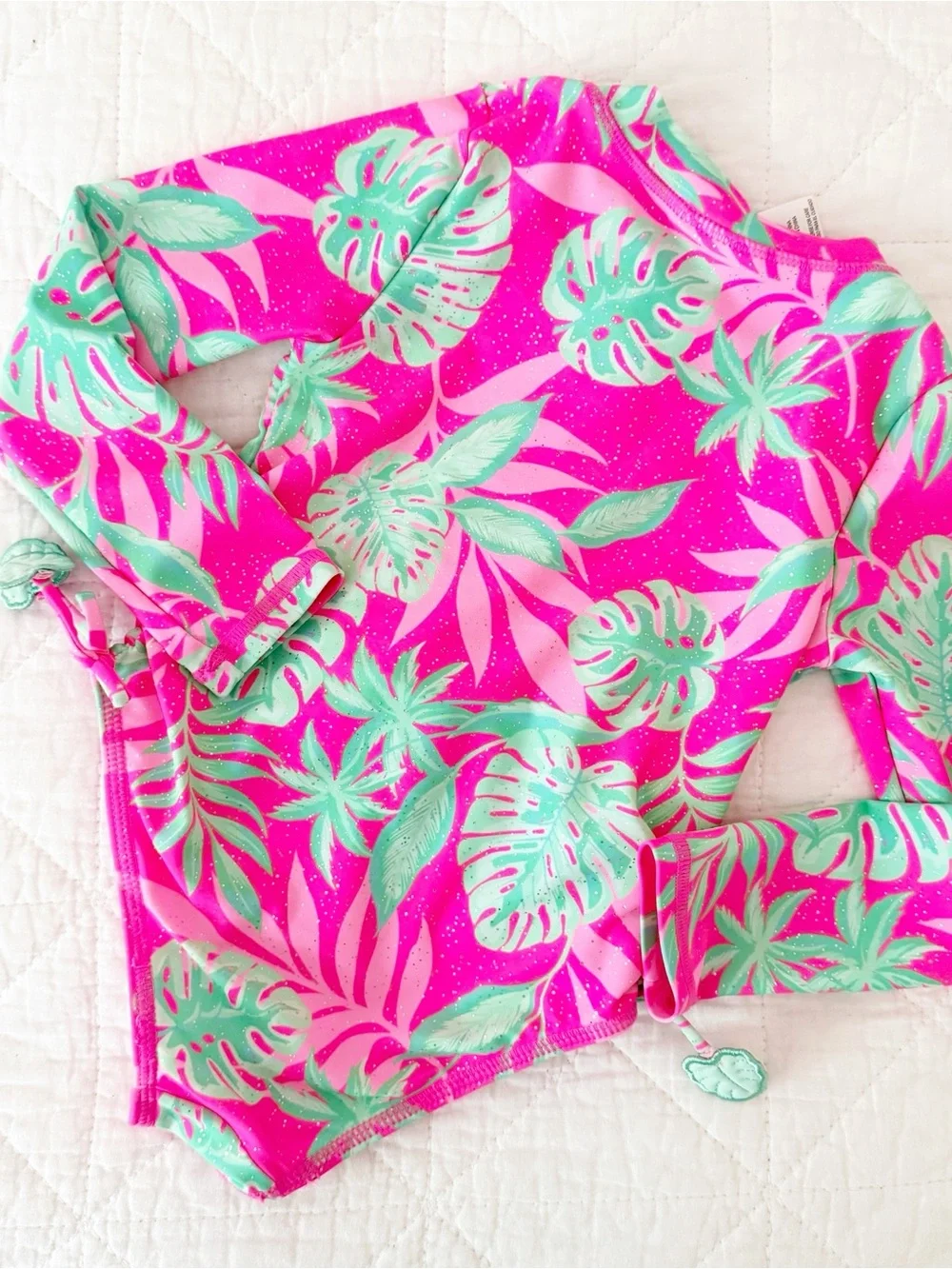 Nicole Miller New York Kids Girls Tropical Zip-Front Rash Guard Swimsuit Pink